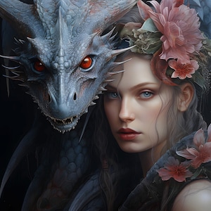 Pode incluir: Obra de arte digital que apresenta uma mulher com olhos azuis e um adorno floral na cabeça, ao lado de um dragão azul detalhado com olhos vermelhos. As escamas do dragão e a pele da mulher são ricamente representadas, criando um tema de fantasia.