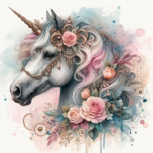 Peut inclure: Une licorne blanche avec une crinière et une queue dorées et roses, ornée d'un bridon orné d'or et de fleurs. La licorne est sur un fond aquarelle avec des éclaboussures de bleu et de rose.