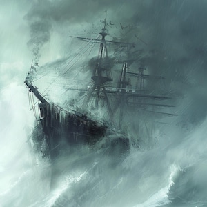 May include: A large, dark ship sails through a stormy sea. The ship is engulfed in fog and rain, with waves crashing around it. The ship's sails are billowing in the wind, and its masts are tall and slender.