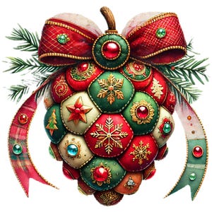 Puede incluir: Un adorno navideño con forma de piña, cubierto de tela roja, verde y blanca con detalles dorados. El adorno está decorado con copos de nieve, estrellas y joyas.