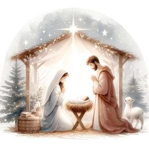 Può includere: Un dipinto ad acquerello della scena della Natività. Maria e Giuseppe sono inginocchiati accanto a una mangiatoia con un bambino dentro. Una stella brilla intensamente sopra di loro. La scena è ambientata in una stalla con un tetto di legno e paglia sul pavimento.
