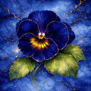 Puede incluir: Una pintura de acuarela de una flor de pensamiento azul oscuro con detalles dorados. La flor tiene bordes dorados en sus pétalos, que rodean un centro amarillo. Hojas verdes y un fondo azul con motas doradas completan el diseño floral.