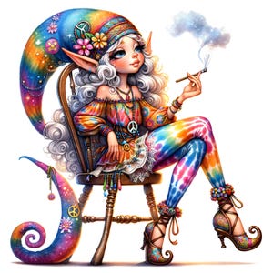 Puede incluir: Ilustración caprichosa de un elfo sentado con ropa teñida con tinte anudado, un sombrero alto y zapatos adornados. El elfo está fumando y adornado con símbolos de paz y flores. La paleta de colores es vibrante, con tonos arcoíris.