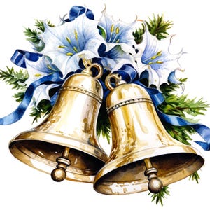 May include: Two gold bells tied together with a blue ribbon and white flowers. The bells are decorated with a gold trim.