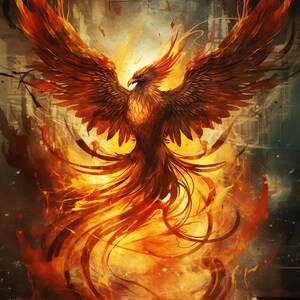 以下が含まれることがあります： 炎から立ち上る不死鳥のデジタルイラスト。鳥は燃えるようなオレンジと赤の羽で描かれ、翼を大きく広げています。背景は暗い色調と明るい色調が混ざり合い、劇的な効果を生み出しています。