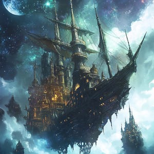 Patrón Steampunk Astral Galleon 4, compatible con PDF, descarga digital instantánea, punto de cruz contado, impresión de carta de colores