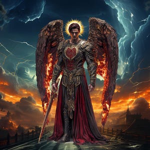 May include: A winged figure with a halo stands against a dramatic backdrop of stormy clouds and fire. The figure is wearing armor with a heart-shaped design and a flowing red robe. The wings are made of fire and are spread wide.