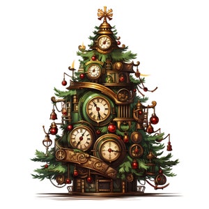 May include: A green Christmas tree decorated with ornaments and clocks. The tree is made of metal and has a steampunk aesthetic.