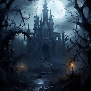 Gotiskt skogslandskap 9 slott Halloween PDF direkt digital nedladdning räknat korsstygnsmönster keeper kompatibelt diagram utskrift