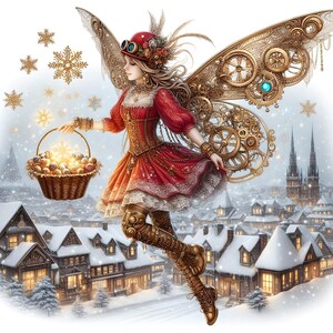 Puede incluir: Un hada steampunk con alas de relojería vuela sobre un pueblo nevado, sosteniendo una cesta de adornos brillantes. Lleva un vestido rojo, un sombrero marrón y gafas.