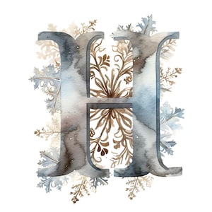 Peut inclure: Lettre "H" à l'aquarelle dans des tons de gris et de bleu, avec un motif floral marron au centre. La lettre est entourée d'éléments de flocons de neige et floraux bleu clair et marron, sur fond blanc.