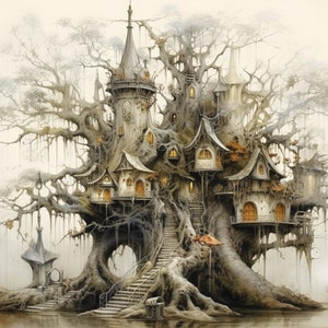 Padrão de pântano do Castelo da Floresta das Fadas compatível com PDF download digital instantâneo fantasia 18ct BW impressão de padrão colorido