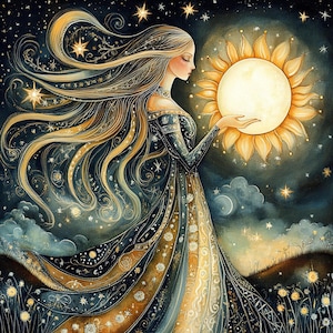 Puede incluir: Ilustración artística de una mujer con un vestido fluido sosteniendo un sol radiante. La obra presenta un tema celestial con estrellas, nubes y una paleta de colores azul oscuro y dorado. La mujer tiene cabello rubio largo.