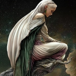 Puede incluir: Ilustración digital de una persona con largo cabello blanco y suelto, vestida con un vestido blanco y verde. La persona está sentada en una rama de árbol contra un cielo estrellado. El vestido tiene detalles dorados.