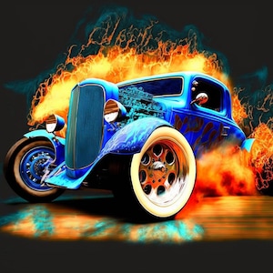 May include: A vibrant digital illustration of a classic blue hot rod car engulfed in flames. The car features white-walled tires and chrome details, set against a dark background with fiery accents. The artwork evokes speed and power.