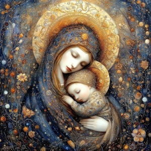 Puede incluir: Una representación artística de una madre y un niño, en un estilo que recuerda la iconografía religiosa. La imagen presenta a una mujer con los ojos cerrados acunando a un niño dormido. La paleta de colores incluye azules, dorados y marrones, con intrincados detalles florales y celestiales.