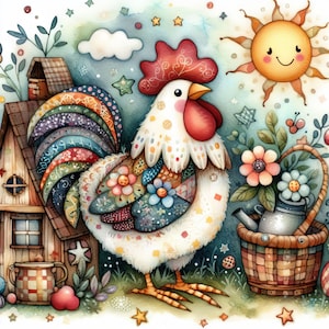 Pode incluir: Um galo de patchwork colorido com crista e barbelas vermelhas fica em frente a uma pequena casa de madeira. O galo está rodeado de flores e um regador em uma cesta.