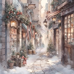 May include: A snowy, cobbled street lined with quaint buildings decorated for the festive season. Garlands of greenery and red baubles adorn the doorways, while snow-covered trees stand on either side of the street. The buildings have a rustic charm, with exposed brick and wooden beams. The scene is reminiscent of a charming European village.