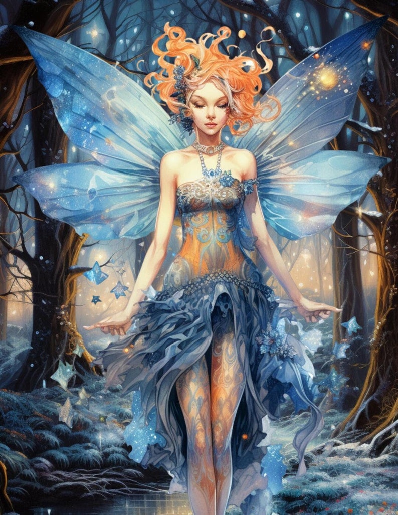 May include: A fairy with blue wings and a blue and gold dress stands in a forest setting. The fairy has long, curly orange hair and is wearing a necklace. The forest is filled with trees and foliage, and there are small, glowing lights scattered throughout the scene.