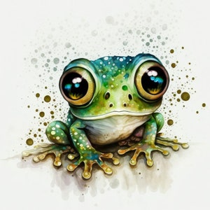 May include: A green frog with large, round eyes and a wide smile. The frog is sitting on a white background with brown and green watercolor splatters.