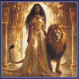 May include: A woman in a white and gold gown stands with a large lion. The woman has dark skin and long black hair. She is wearing a gold necklace and earrings. The lion is brown and has a long mane. The background is a golden archway.