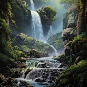 May include: A lush green forest scene with a cascading waterfall flowing over moss-covered rocks. The water flows into a clear pool at the bottom of the waterfall.