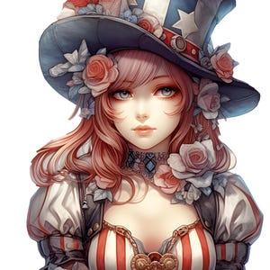 Mujer patriótica Steampunk 5, compatible con el administrador de patrones, descarga digital instantánea en PDF, impresiones de gráficos de punto de cruz BW CO contados