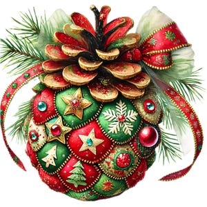 Puede incluir: Un adorno navideño con forma de piña, decorado con tela roja, verde y dorada, estrellas y cuentas. El adorno está atado con una cinta roja.