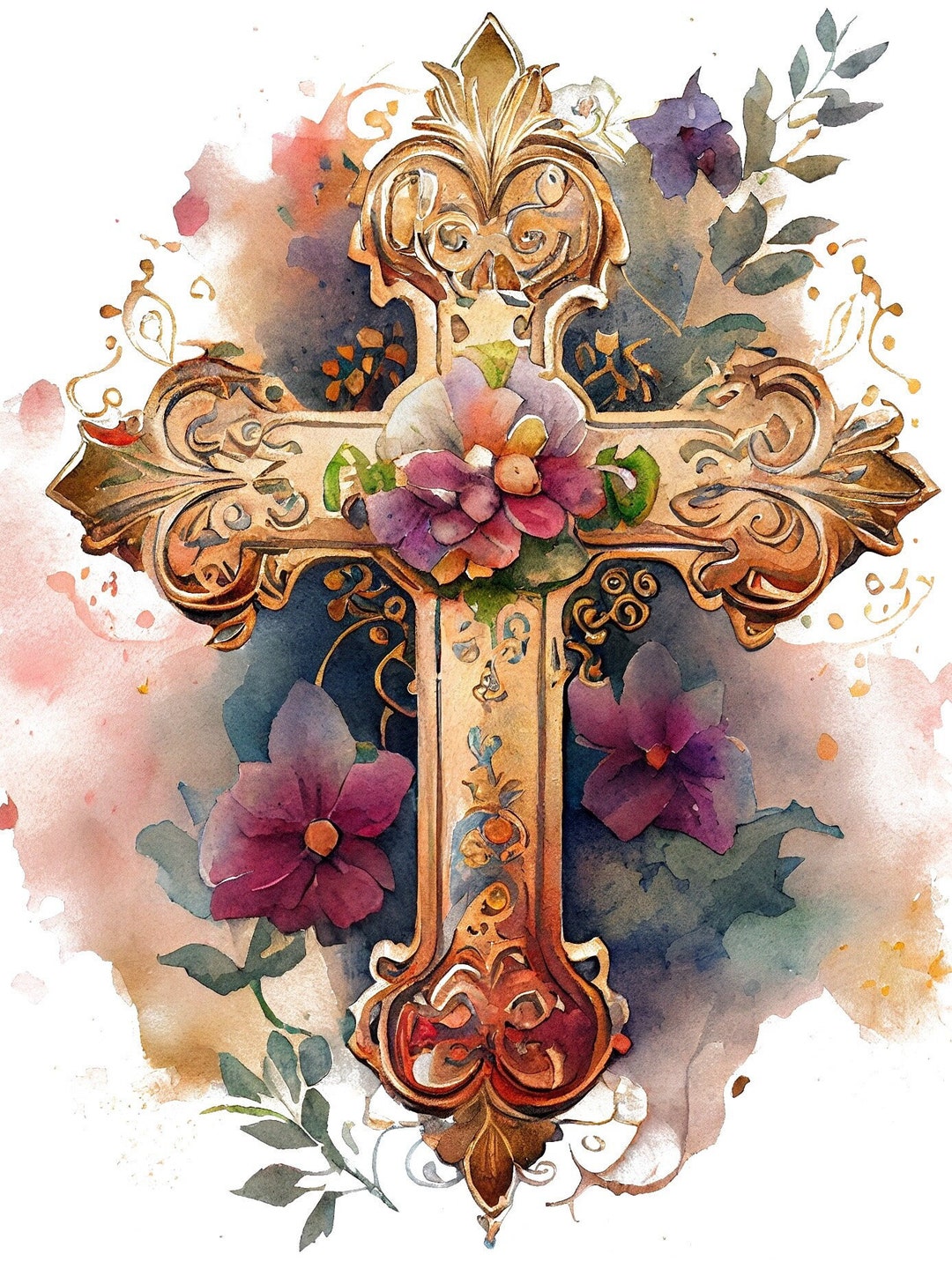 Watercolor Floral Cross Decor PDF Instant Digital Download Counted ...