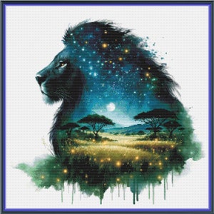 May include: A black and blue watercolour painting of a lion's head with a night sky and stars inside. The lion's mane is made of stars and the background is a green savanna with trees and a full moon.