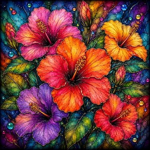 Könnte beinhalten: Eine lebendige digitale Illustration mehrerer Hibiskusblüten in den Farben Pink, Orange, Gelb und Violett. Die Blüten haben markante zentrale Staubgefäße und sind von grünen Blättern sowie kleinen, leuchtenden, bunten Kugeln umgeben.