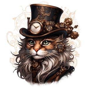 Puede incluir: Un gato blanco y esponjoso que lleva un sombrero de copa negro con engranajes dorados y una esfera de reloj. El gato tiene ojos verdes y nariz marrón. El sombrero está decorado con intrincados diseños dorados.