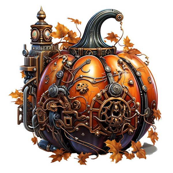 Steampunk Halloween pumpkin pattern keeper compatible PDF instant digital download counted cross stitch 14ct B&W color chart printout