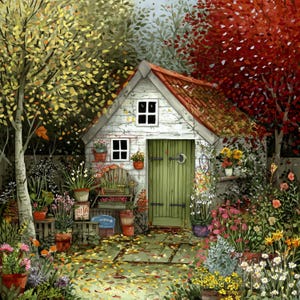 Whimsical Garden Shed 2, kompatibel med mönsterhållare, PDF direkt digital nedladdning, utskrifter av räknade korsstygnsmönster i svartvitt och vitt