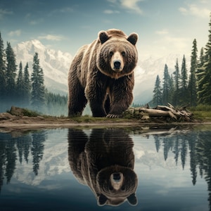 Urso pardo refletido espírito totem PDF download digital instantâneo contado padrão de ponto cruz compatível, impressão de gráfico de cores