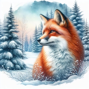 May include: Watercolor painting of a red fox in a snowy forest. The fox has orange fur with white and black markings, and is set against a backdrop of snow-covered evergreen trees. The artwork evokes a winter scene with a soft, artistic style.