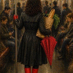 Könnte beinhalten: Künstlerische Darstellung einer Person in einer U-Bahn, die eine Papiertüte mit Baguette, Wein und Grünzeug sowie einen roten Regenschirm mit weißen Punkten hält. Die Person trägt einen schwarzen Mantel, rote Handschuhe und rote Stiefel. Andere Passagiere sind im Hintergrund zu sehen.
