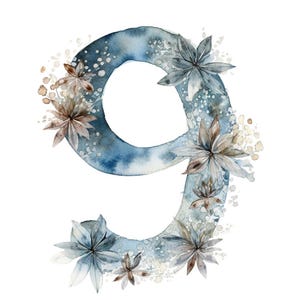 May include: Watercolor illustration of the number nine in shades of blue, adorned with delicate floral accents in muted brown and gray tones. The number is embellished with small white speckles, creating a soft, artistic design.