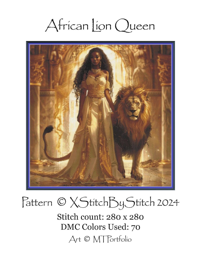 African Lion Queen, pattern keeper compatible, PDF instant digital download, counted cross stitch BW CO chart printouts image 2