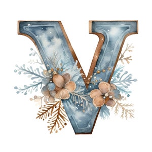 May include: Watercolour illustration of the letter V decorated with blue and brown floral elements. The letter is painted in a light blue colour with a brown outline.