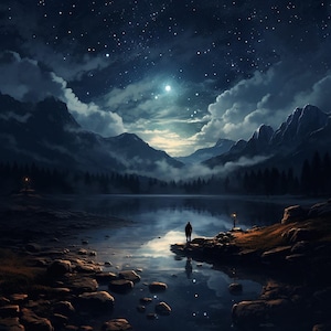 May include: A digital painting of a serene night scene. A lone figure stands on a rocky shore, gazing at a lake reflecting a starry sky and a bright moon. Mountains and dark clouds frame the tranquil landscape.
