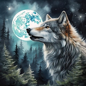 May include: A grey wolf with brown accents howls at a large, blue moon in a dark forest setting. The moon is full and has a textured surface. The wolf's fur is detailed and realistic.