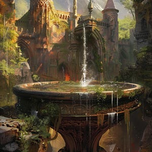 May include: A large, ornate stone fountain with a cascading waterfall in a lush, overgrown garden setting. The fountain is surrounded by a stone building with arched windows and a tower.
