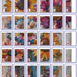 May include: A collage of 42 colorful images featuring various flowers, butterflies, and other nature-inspired designs. The images are arranged in a grid pattern and are all framed in a white border.