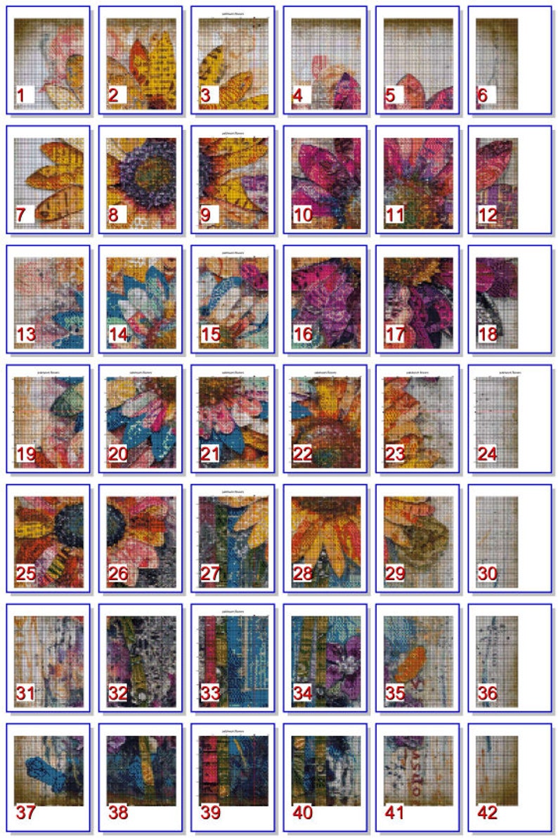 May include: A collage of 42 colorful images featuring various flowers, butterflies, and other nature-inspired designs. The images are arranged in a grid pattern and are all framed in a white border.
