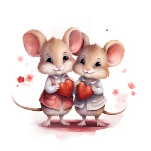 Pode incluir: Dois ratos marrons segurando presentes em forma de coração vermelho. Os ratos estão em pé sobre um fundo de aquarela rosa e branco.