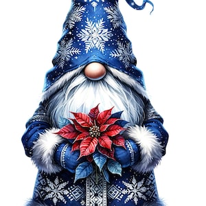 Könnte beinhalten: Eine skurrile Illustration eines Wintergnoms. Der Zwerg trägt einen blauen Hut und Mantel, die mit weißen Schneeflocken und Verzierungen verziert sind. Er hält einen Weihnachtsstern mit roten Blütenblättern und blau-grünen Blättern. Der Zwerg hat einen langen weißen Bart und eine runde Nase.