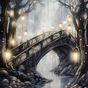 Puede incluir: Una escena de bosque oscuro y brumoso con un puente de madera sobre un arroyo. El puente está decorado con linternas brillantes que cuelgan de los árboles. La escena recuerda un escenario mágico o de cuento de hadas.