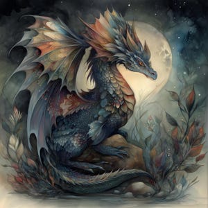 May include: A watercolour illustration of a dragon with blue, orange, and brown scales and wings. The dragon is perched on a rock, with a full moon in the background. Foliage surrounds the dragon, creating a mystical scene.