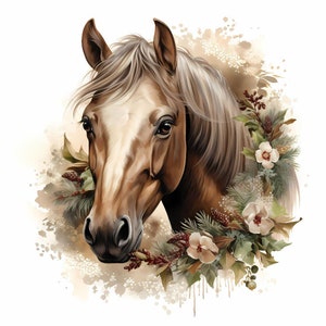 Könnte beinhalten: Ein braunes und weißes Pferd mit einer langen Mähne und einem langen Schweif, das zur Seite schaut. Das Pferd ist von einem Kranz aus grünen Blättern, weißen Blüten und roten Beeren umgeben.